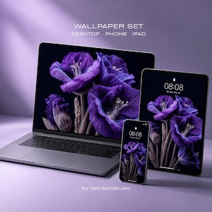Lila Blumen Tapetenset 4K | Ästhetischer dunkler Blumen-Hintergrund | Desktop Telefon iPad Wallpapers | Digitaler Download Ultra HD
