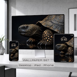 Svartguldsköldpadda-bakgrundsset, mörk sköldpadda-bakgrund för skrivbord iPad iPhone, digital nedladdning av lyxiga reptiler