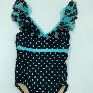 Child L polka dot leotard with mesh neck rufffle