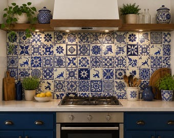 25 Handmade Blue White Ceramic Tiles – Mexican Style 4x4 Tile Set