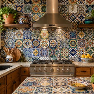 May include: A kitchen with a colorful tile backsplash featuring intricate patterns in blue, yellow, and red. The kitchen includes a stainless steel range hood, wooden cabinets, and a countertop with a patterned tile design. Plants and decorative bowls add to the aesthetic.