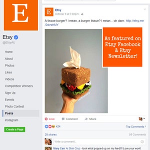 Custom-made Cheeseburger Tissue Box Cozy Including Tissue Box as feat. on Etsy FB Etsy Newsletter BuzzFeed image 3