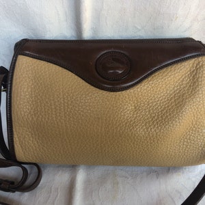 Dooney & Bourke Beige Pebbled Leather/ Brown Smooth Leather Trim Crossbody/Clutch Purse, Adjustable Shoulder Straps, Outside Slide in Pocket
