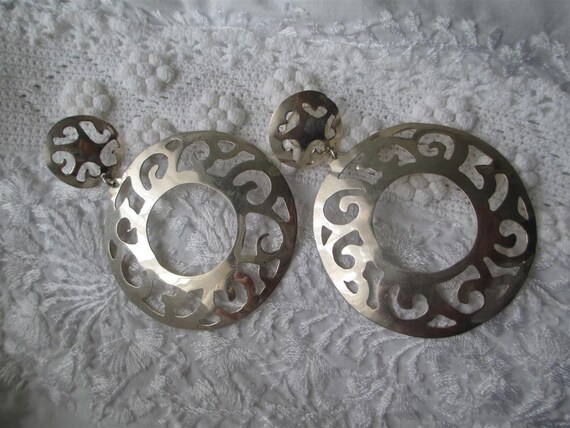 Large Sterling Silver Open Work Round Dangle Earr… - image 1