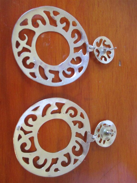Large Sterling Silver Open Work Round Dangle Earr… - image 4