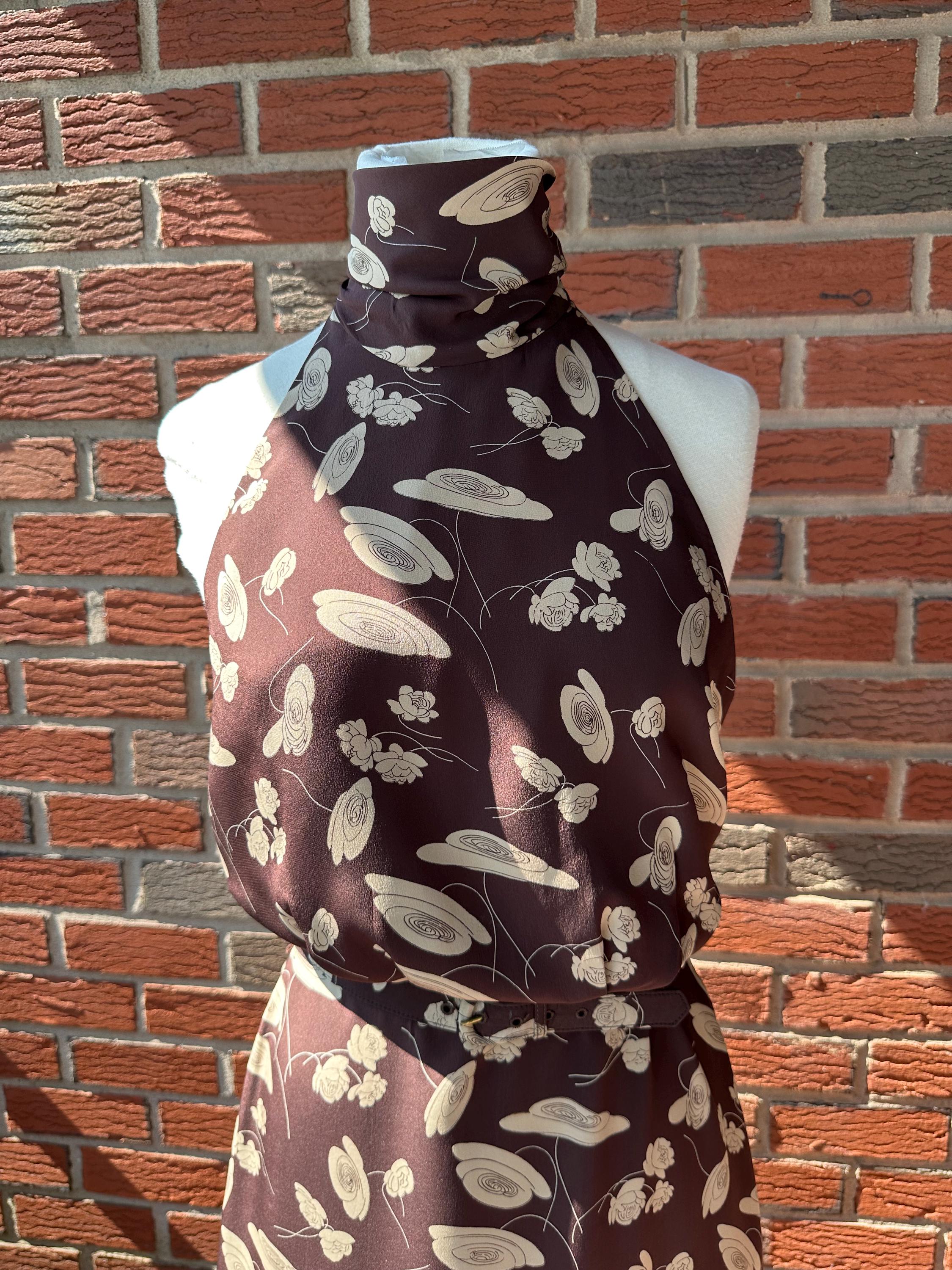 Vintage 90’s Ralph Lauren Brown/Tan Floral Halter Neck Silk Maxi Dress - Back Zipper - Backless  - Size 6 - Elegant & Stunning