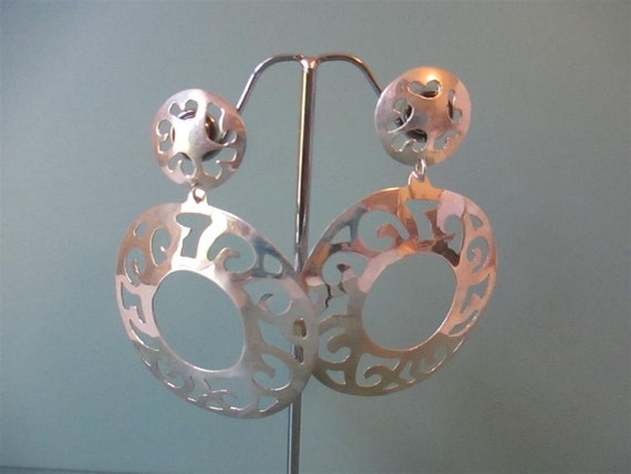 Large Sterling Silver Open Work Round Dangle Earr… - image 2
