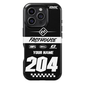 May include: Black phone case with white text and graphics. The case features the word "Fasthouse" in a bold font, along with the number "204" and the text "Your Name." The case also includes the logos of "100%", "Bell", and "Gaerne".