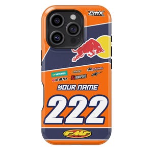 May include: Orange and navy blue phone case with a racing theme. Features the Red Bull logo, the number "222" in white, and the text "YOUR NAME". Includes various sponsor logos and the "CMX" logo.