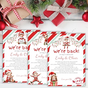 Puede incluir: Tres tarjetas navideñas rectangulares con rayas diagonales rojas y verdes, ilustraciones de elfos y el texto impreso We're back! and ready for adventure with Emily & Oliver, seguido de un poema sobre elfos hasta la Navidad.