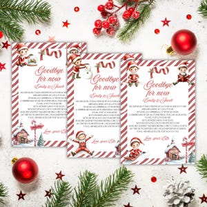 Könnte beinhalten: Drei rechteckige Karten mit rot-weiß gestreiften Zuckerstangen-Rändern, verziert mit Aquarell-Illustrationen von Elfen, Schneemännern und Winterhütten. Der Text lautet Goodbye for now, Emily & Jacob, inklusive eines Gedichts, signiert Love, your Elfs.