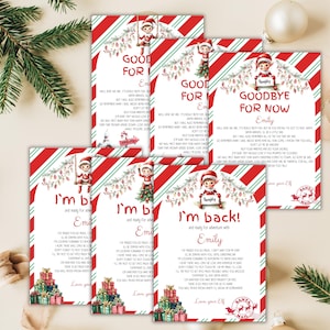 Könnte beinhalten: Ein Set rechteckiger Weihnachtskarten mit rot-weißen Diagonalstreifen, Illustrationen eines Elfen und gedrucktem Text wie Goodbye For Now und I'm Back, personalisiert mit dem Namen Emily und Santa Mail-Stempeln.