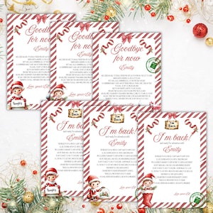 Op de afbeelding: Een set van zes rechthoekige kerstkaarten met rood-witte diagonale strepen, rode strikken en illustraties van elfen. De kaarten bevatten gedrukte teksten gericht aan Emily, ondertekend door een elf, waarbij sommige kaarten de tekst Naughty of I'm Back bevatten.