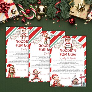Könnte beinhalten: Drei rechteckige Weihnachtskarten mit rot-grün diagonal gestreiften Rändern. Jede Karte zeigt eine Aquarell-Illustration eines Elfen, den Text "GOODBYE FOR NOW" und ein Gedicht. Die Karten sind mit den Namen Emily und Jacob personalisiert.