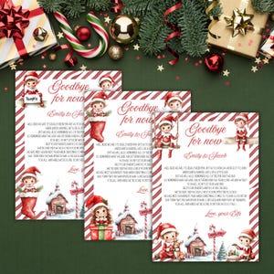 May include: Three rectangular Christmas cards with red and white candy cane striped borders. Each card features watercolor illustrations of elves, a snowy house, and a North Pole sign, with the printed text Goodbye for now and Emily & Jacob.