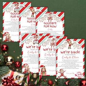 May include: A collection of rectangular Christmas-themed cards featuring illustrations of elves, candy cane striped borders, and printed text. The cards include messages like Goodbye for Now and We're Back, personalized with names like Emily and Oliver.