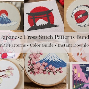 May include: A collection of eight cross stitch patterns featuring Japanese themes including Mount Fuji, a torii gate, a crane, a fox, koi fish, cherry blossoms, and lanterns. The text reads 8 Japanese Cross Stitch Patterns Bundle, 8 PDF Patterns, Color Guide, Instant Download.