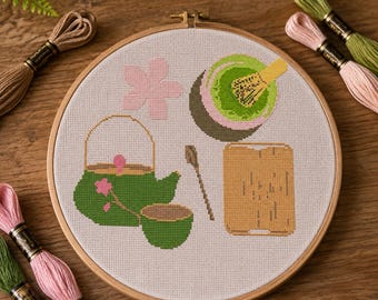 Japanese Tea Ceremony Cross Stitch Pattern, Japan Aesthetic PDF, Digital Embroidery Download