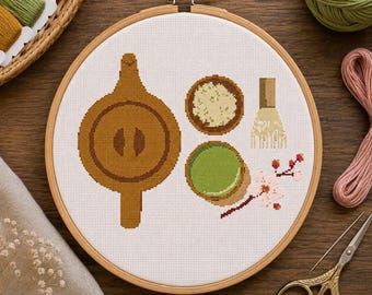 Japanese Tea Ceremony Cross Stitch Pattern, Kawaii Japan Embroidery PDF, Digital Download