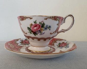 Vintage Royal Albert Lady Carlyle Cup and Saucer - Made in England - Fine Bone China - Pink Floral & Gold Teacup