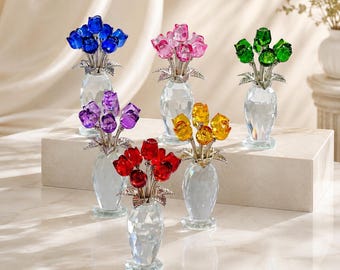 Crystal Glass Rose Bouquet in Vase, Handmade Glass Flower Decor, Mini Tulip Floral Arrangement, Colorful Desk Decor, Gift for Her