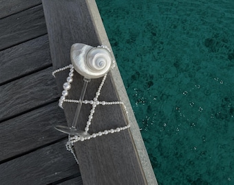 Kieliszek do wina z naturalnej muszli konchowej, ręcznie robiony kielich z motywem oceanu, wyjątkowy prezent ślubny na plaży dla panny młodej, syrenia w estetyce morskiej