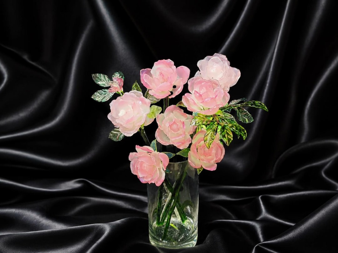 Handmade Pink Glass Rose Bouquet, Forever Glass Flowers, Romantic ...