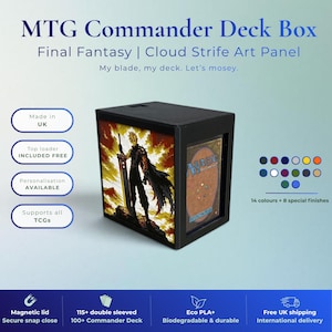 May include: A black deck box for trading cards featuring a Cloud Strife art panel on the front and a Magic: The Gathering card in a top loader on the side. The box includes a magnetic lid, holds over 115 double-sleeved cards, and is made of eco PLA+.