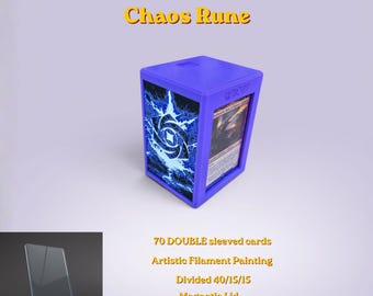 Caja para mazos de cartas coleccionables Glyphbound Chaos Rune con tapa magnética / Compatible con Riftbound: League of Legends, MTG Draft y más / 70 cartas con doble funda