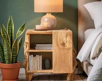 Mesita de noche rústica de madera con borde natural / Mesita de noche artesanal de madera maciza con estante de almacenamiento.