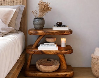Handmade Solid Wood Nightstand | Bedside Table with Storage Shelves | Wooden Bedroom Furniture