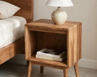 Massief houten nachtkastje | Modern nachtkastje | Handgemaakte houten bijzettafel