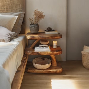 Handmade Solid Wood Nightstand | Bedside Table with Storage Shelves | Wooden Bedroom Furniture