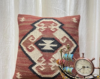 Funda de almohada Kilim de yute y lana tejida a mano - Almohada Kilim vintage, almohada turca, almohada de yute marroquí Jaipuri de 45 x 45 cm