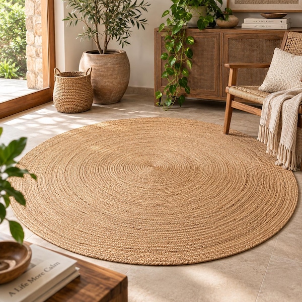 Indian Handmade Natural Round Jute Rug - Bedside Round Rug, Circle Rug, Home Gift Boho Home Decor, Patio Rustic Round Rug, Table Round Rug