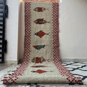 Handmade Kilim Fish Stair Runner - Vintage Red Traditional Geometric Area Rug Runner, Wool Jute Long Custom Hallway, Entryway Kitchen Boho