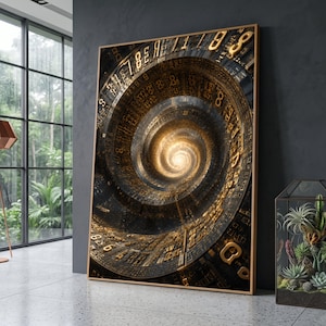 Large Spiral Numbers Canvas Print, Abstract Numeral Art, Infinite Time Portal, Golden Digital Vortex Canvas, Modern Math Theme Canvas