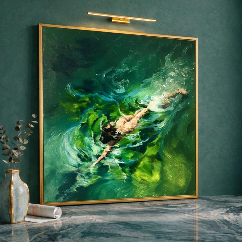 Woman Swimming Underwater Canvas, Serene Water Scene, Green Ocean Swim Wall Art, Premium Canvas Print, Luxury Home Decor image 1