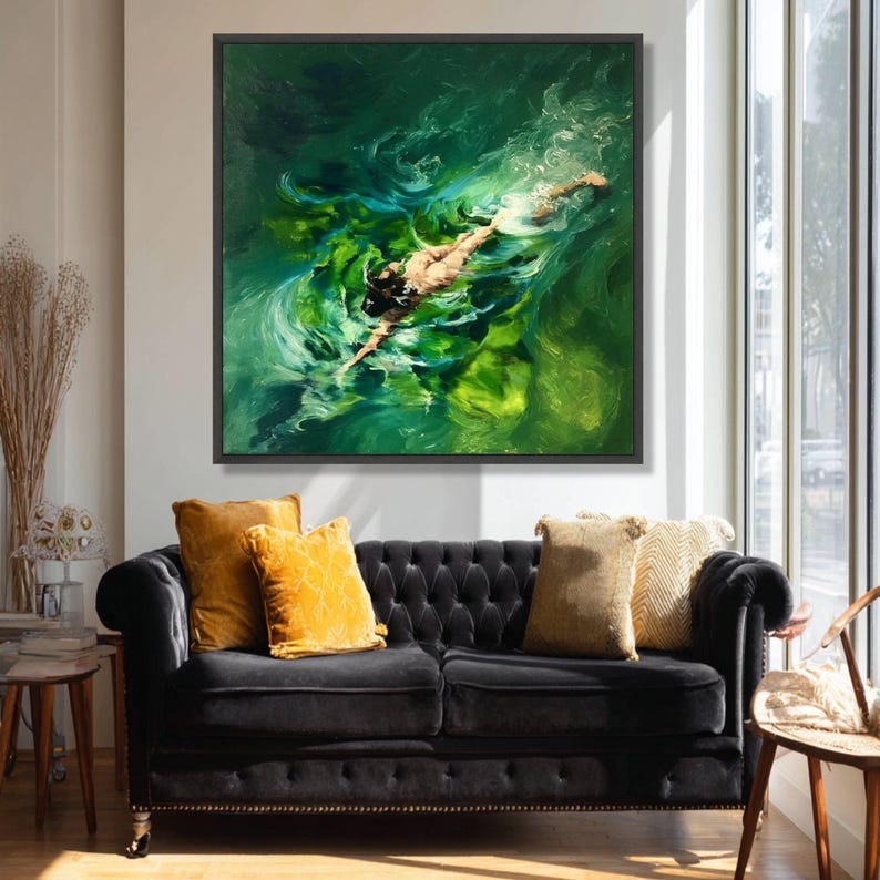 Woman Swimming Underwater Canvas, Serene Water Scene, Green Ocean Swim Wall Art, Premium Canvas Print, Luxury Home Decor image 7