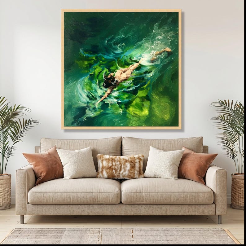Woman Swimming Underwater Canvas, Serene Water Scene, Green Ocean Swim Wall Art, Premium Canvas Print, Luxury Home Decor image 3