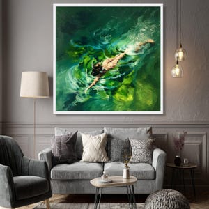 Woman Swimming Underwater Canvas, Serene Water Scene, Green Ocean Swim Wall Art, Premium Canvas Print, Luxury Home Decor image 6