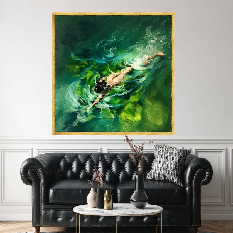 Woman Swimming Underwater Canvas, Serene Water Scene, Green Ocean Swim Wall Art, Premium Canvas Print, Luxury Home Decor image 2
