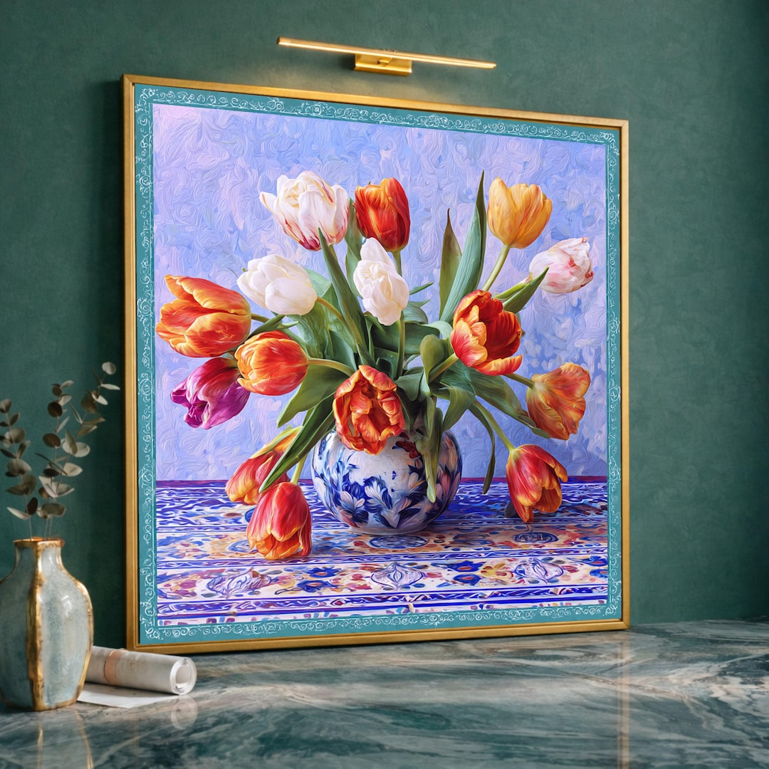 Vibrant Tulip Bouquet Canvas, Floral Still Life Wall Art, Modern ...