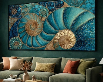 Blue and Gold Nautilus Shell Canvas, Ocean Sea Life Wall Art, Spiral Shell Decor, Coastal Home Canvas, Marine Nature Artwork