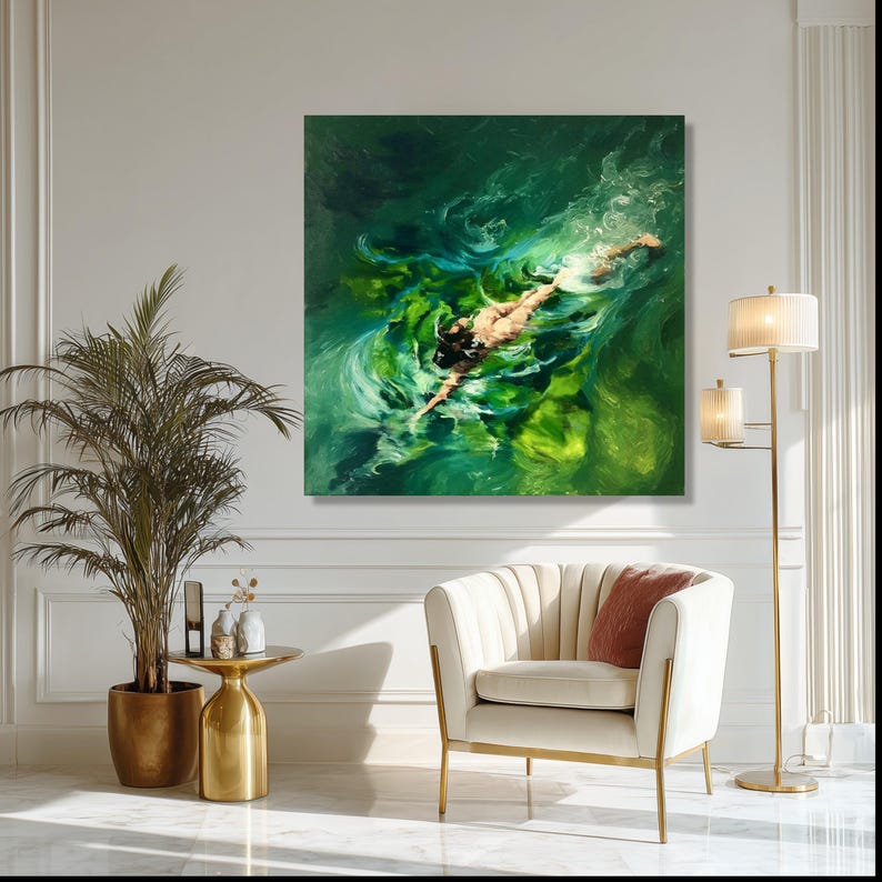 Woman Swimming Underwater Canvas, Serene Water Scene, Green Ocean Swim Wall Art, Premium Canvas Print, Luxury Home Decor image 4