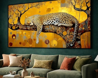 May include: Large framed artwork depicting a sleeping leopard on a tree branch. The artwork has a gold background with abstract shapes and floral details. The leopard has a spotted coat and is resting peacefully. The artwork is displayed above a green sofa.