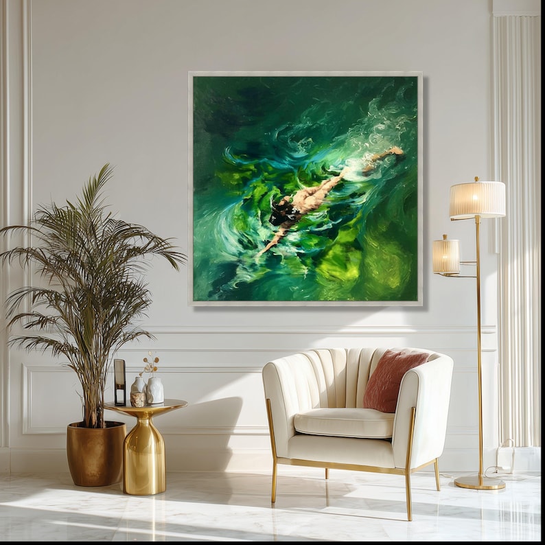 Woman Swimming Underwater Canvas, Serene Water Scene, Green Ocean Swim Wall Art, Premium Canvas Print, Luxury Home Decor image 8