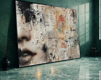 Abstract Mixed Media Canvas Wall Art, Vintage Script Collage, Rustic Face Portrait, Contemporary Canvas Print, Artistic Home Decor