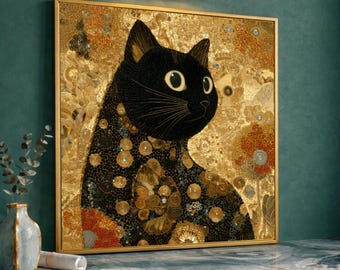 May include: Framed artwork featuring a black cat with large, round eyes. The cat is set against a gold background with floral and geometric patterns. The frame is gold, and the artwork is displayed on a marble surface.