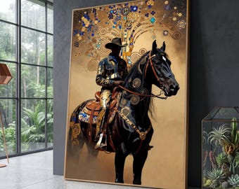 Cowboy on Black Horse Canvas Print, Gold Blue Western Art, Abstract Equestrian Wall Decor